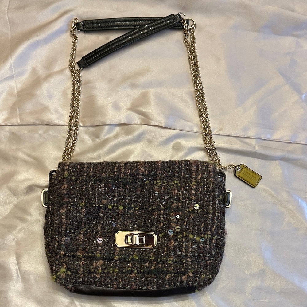 Coach Tweed Crossbody Bag with Gold Chain